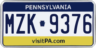 PA license plate MZK9376