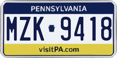 PA license plate MZK9418