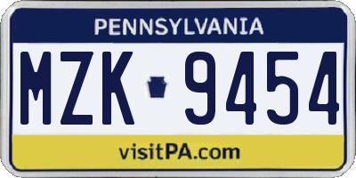 PA license plate MZK9454
