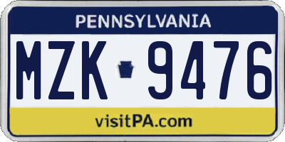 PA license plate MZK9476