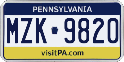 PA license plate MZK9820