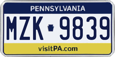 PA license plate MZK9839