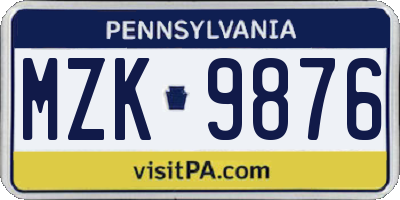 PA license plate MZK9876