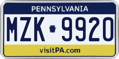 PA license plate MZK9920