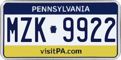 PA license plate MZK9922