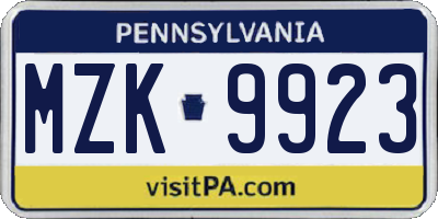 PA license plate MZK9923