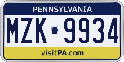 PA license plate MZK9934