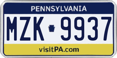 PA license plate MZK9937