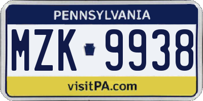 PA license plate MZK9938