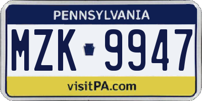 PA license plate MZK9947
