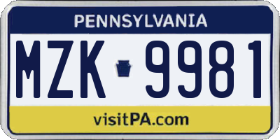 PA license plate MZK9981