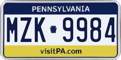 PA license plate MZK9984