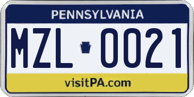PA license plate MZL0021