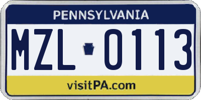 PA license plate MZL0113