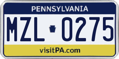 PA license plate MZL0275
