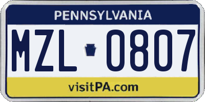 PA license plate MZL0807