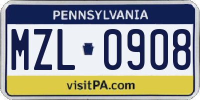 PA license plate MZL0908