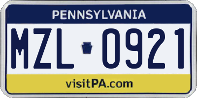 PA license plate MZL0921
