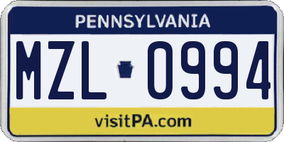 PA license plate MZL0994