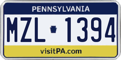 PA license plate MZL1394
