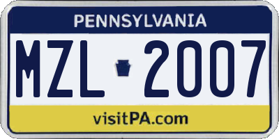 PA license plate MZL2007