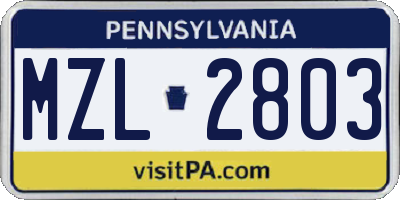 PA license plate MZL2803