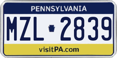 PA license plate MZL2839