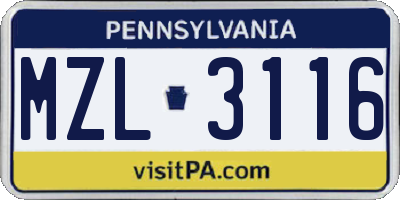 PA license plate MZL3116