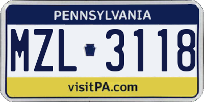 PA license plate MZL3118