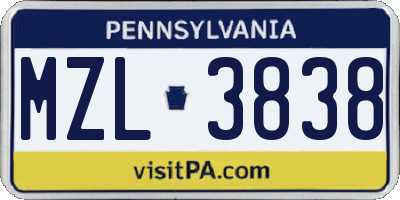 PA license plate MZL3838