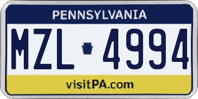 PA license plate MZL4994