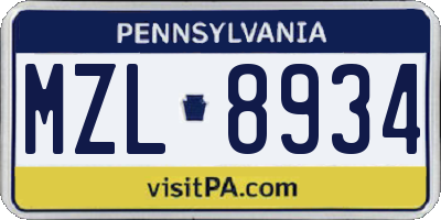 PA license plate MZL8934
