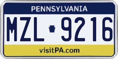 PA license plate MZL9216