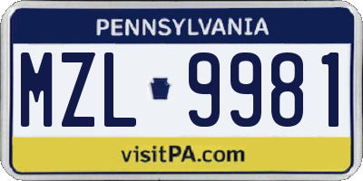 PA license plate MZL9981