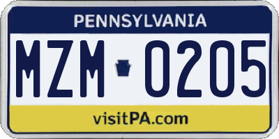 PA license plate MZM0205