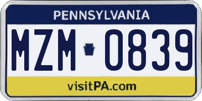 PA license plate MZM0839