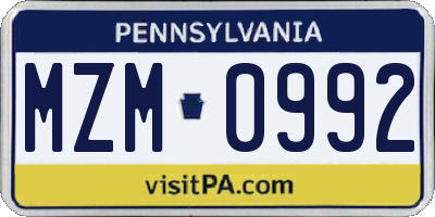 PA license plate MZM0992