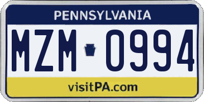 PA license plate MZM0994