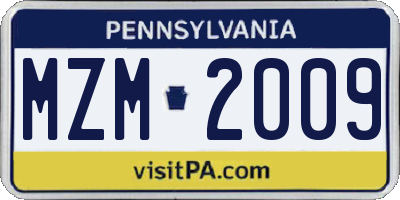 PA license plate MZM2009