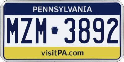 PA license plate MZM3892