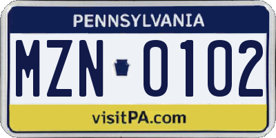 PA license plate MZN0102