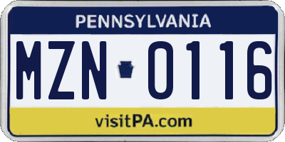 PA license plate MZN0116