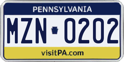 PA license plate MZN0202