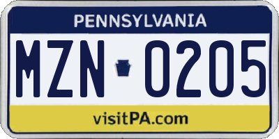 PA license plate MZN0205