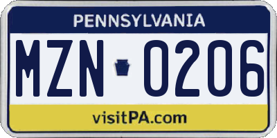 PA license plate MZN0206