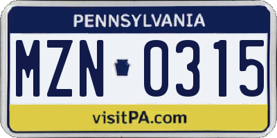 PA license plate MZN0315