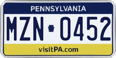 PA license plate MZN0452