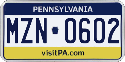 PA license plate MZN0602