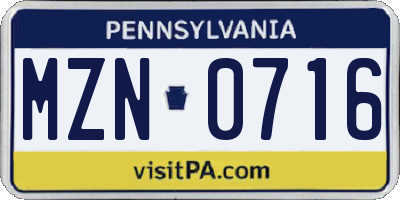 PA license plate MZN0716