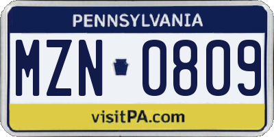 PA license plate MZN0809